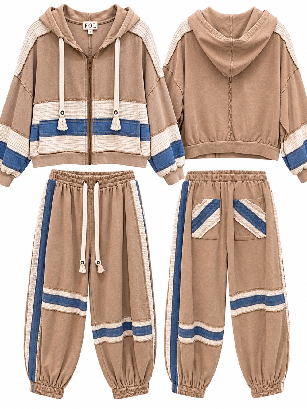 POL Set/ Patchwork Zip Hoodie & Balloon Jogger Set Tan Blue Cream- NWOT